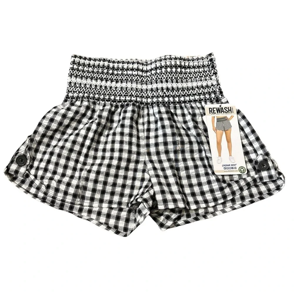 Rewash Brand Womens Gingham Smocked‎ High Waist Shorts Black White Retro Boho XS